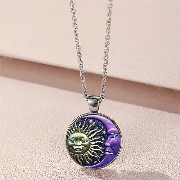Silver PURPLE SUN MOON Celestial Glass Cabochon Pendant Necklace - Picture 2 of 3